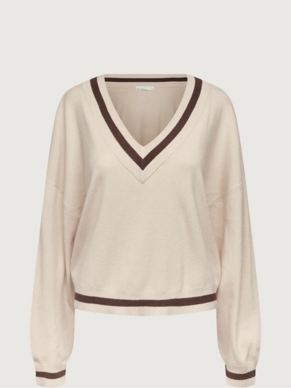 Oak + Fort Cream V-Neck Varsity Sweater With Brown Trim